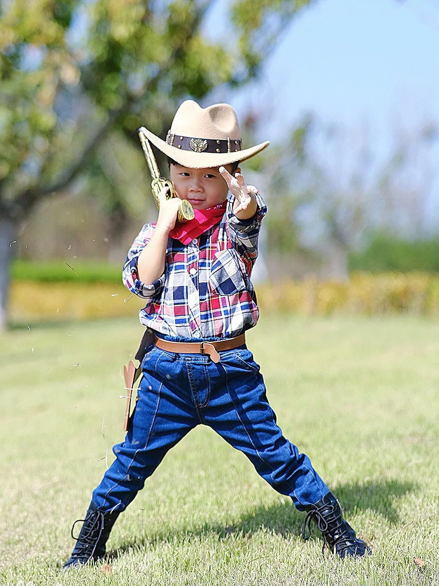 Chapeau de cowboy western à large bord en feutre de laine pour enfant, casquette melon, bande de cuir à deux pistolets, casquette sombrero, rétro,