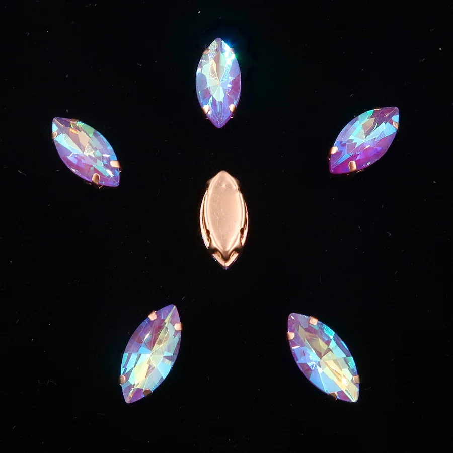 Navette-förmige Goldkrallenfassungen, 20 Stück, Regenbogenfarbene Glaskristalle, 7*15mm, zum Aufnähen, Pferdeaugen-Kristalle, für Taschen, DIY-Besatz – Detail 15
