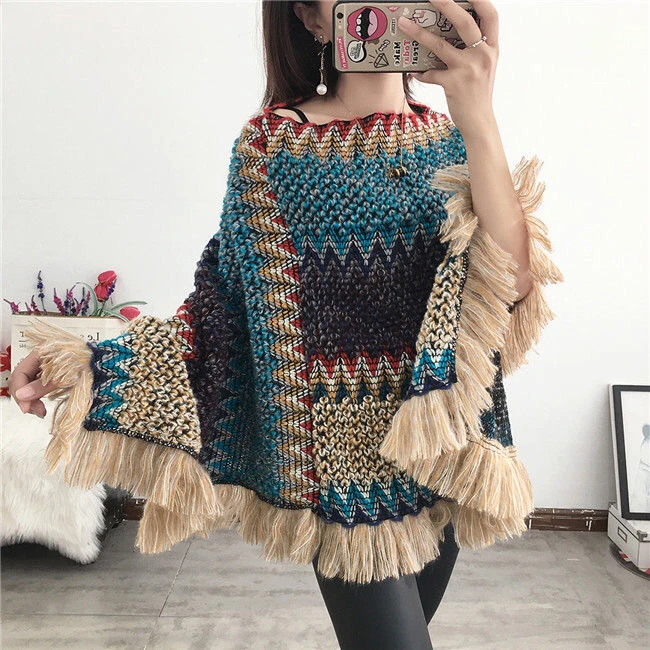 Pullover Women Knitting Poncho Capes Autumn New  Female Fashion Bohemian Poncho Cloak Tassel Winter Clothing National Green