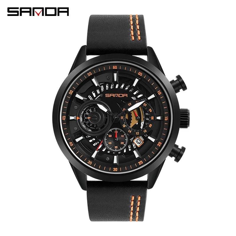 SANDA Hot New Fashion Trend Six Pin Cool Multi-Ffunction Large Dial Waterproof Three Eye Leather Strap Men's Quartz Watch