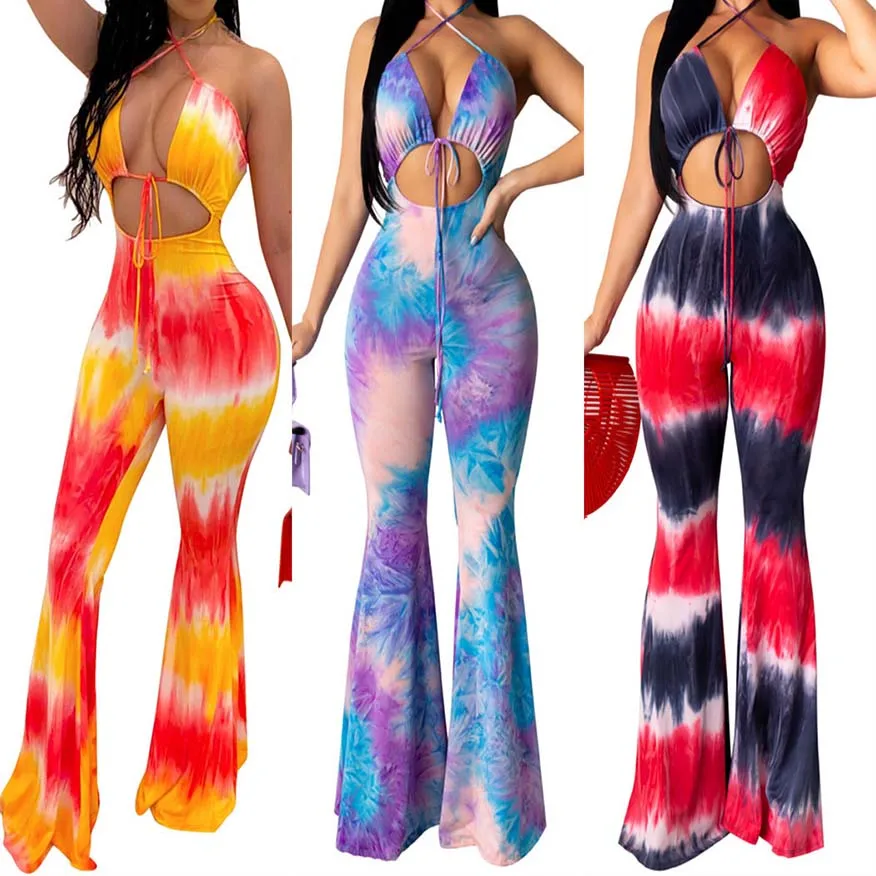 Women Summer Sexy Print Jumpsuits Rompers Gilr Casual Halter Print Lace Up Overalls Jumpsuit Sleeveless Slim Club Party Jumpsuit