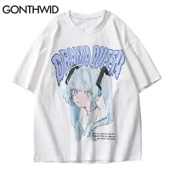 GONTHWID Tshirts Streetwear Japanese Anime Cartoon Girl Print T-Shirt Harajuku Hip Hop Hipster Casual Summer Loose Tees Tops