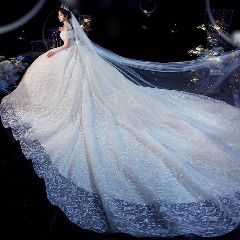 Robe de Mariée Classique en Dentelle avec Col Bateau et Traîne à Balayage, Tenue de Bal à Lacets, Nouveauté 2021