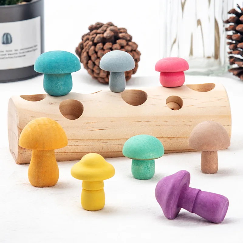 Blocs en bois arc-en-ciel pour enfants, jeu de cueillette de champignons, jouets éducatifs Montessori en bois pour bébés, forme assortie, poignée