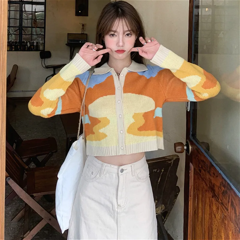 Cropped Cardigan Women Chic Vintage Orange Korean Trendy Soft Single Breasted Ladies Knitwear All-match Fall Ins Womena Sweaters