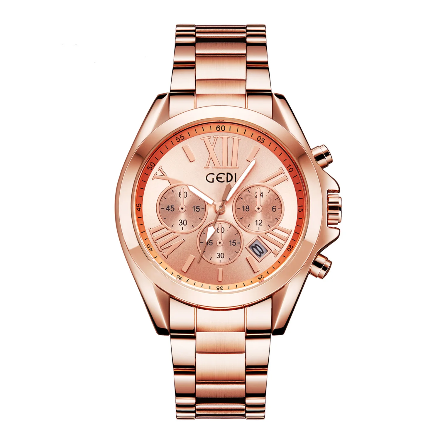 Gedi-reloj informal de cuarzo para mujer, cronógrafo de lujo de oro rosa, resistente al agua, con calendario, para negocios