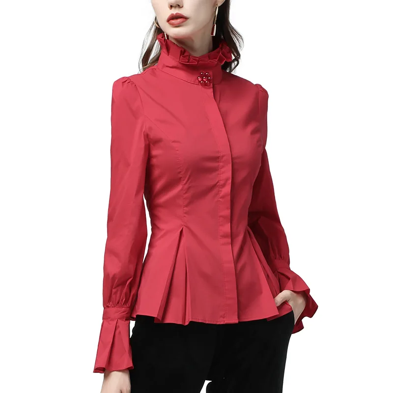 Camicia da donna bianca da ufficio dolcevita Top in cotone arricciato perle svasate in rilievo manica lunga Plus Size camicie eleganti da lavoro Slim