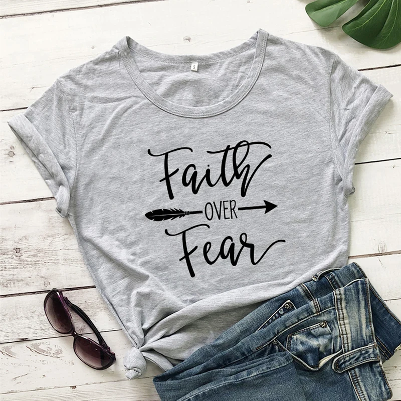 Women's Faith Over Fear Arrow Printed Christian T-shirt Summer Catholic Jesus Church Tshirt Unisex O-Neck Inspirational Tee Top