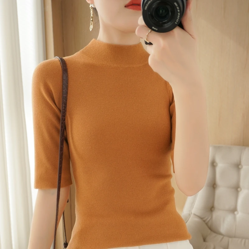 Knitted Short sleeve Spring and Summer Half turtleneck Pullovers Slim Sweaters Women Short sleeve Cashmere Sweater Women