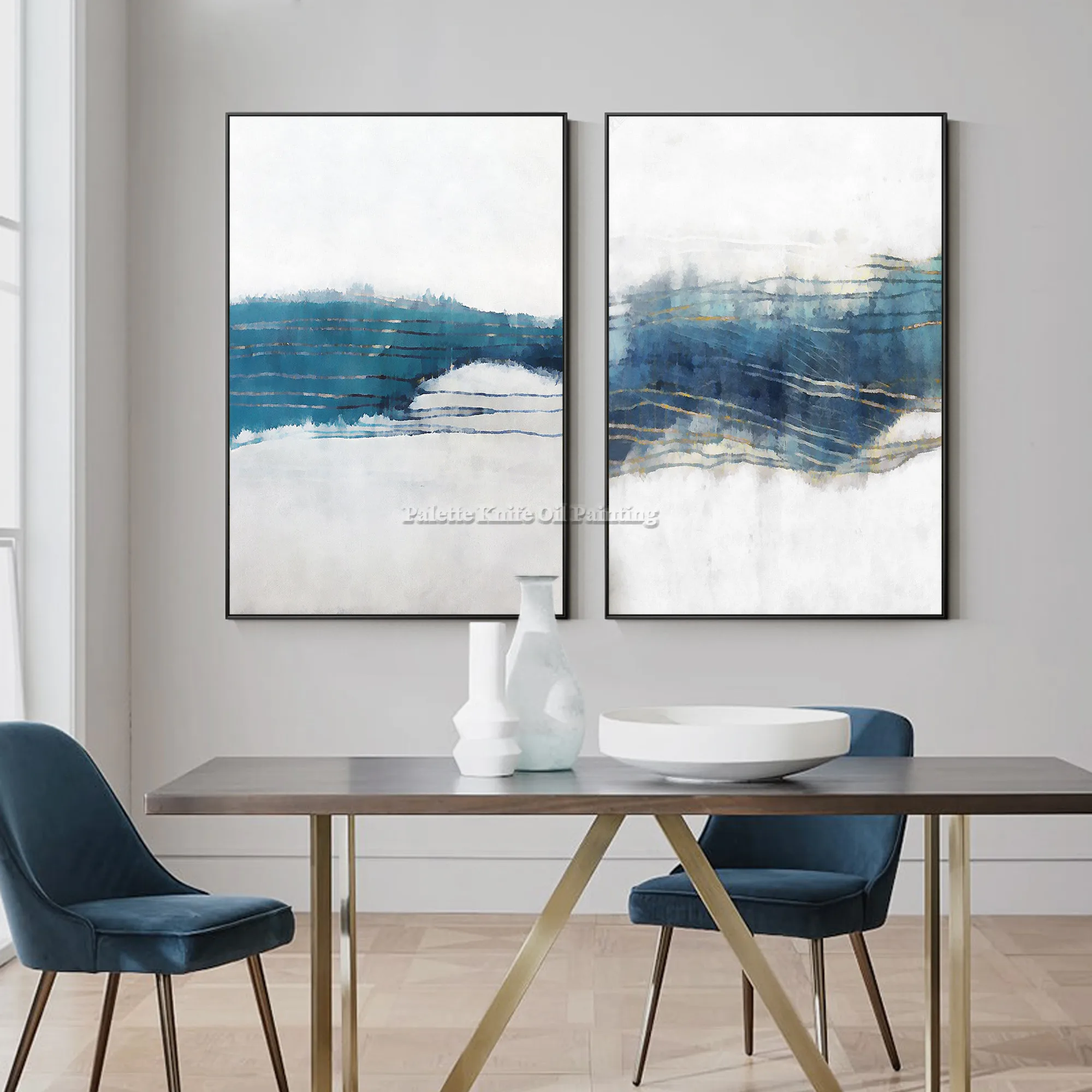 

Set Of 2 HOME Decoration Hand Painted BLUE WHITE Abstract Painting Wall Pictures For Living Room Canvas Oil Painting