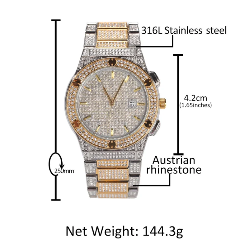 18K Gold Überzogene Bling Voller Diamanten Kalender Uhren Hüfte Hop Zirkon Quarz Männer Armbanduhr Party Jahrestag Geschenke