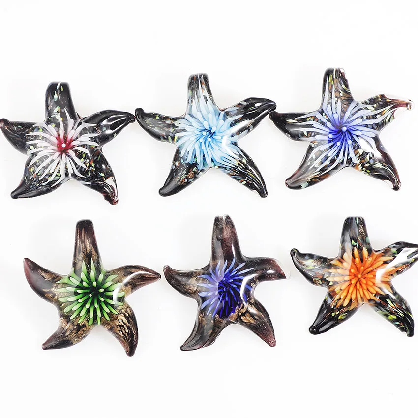 QIANBEI Wholesale 6pcs Handmade Murano Lampwork Glass Mixed Colorful Exquisite Starfish Pendants Charms Gift HOT