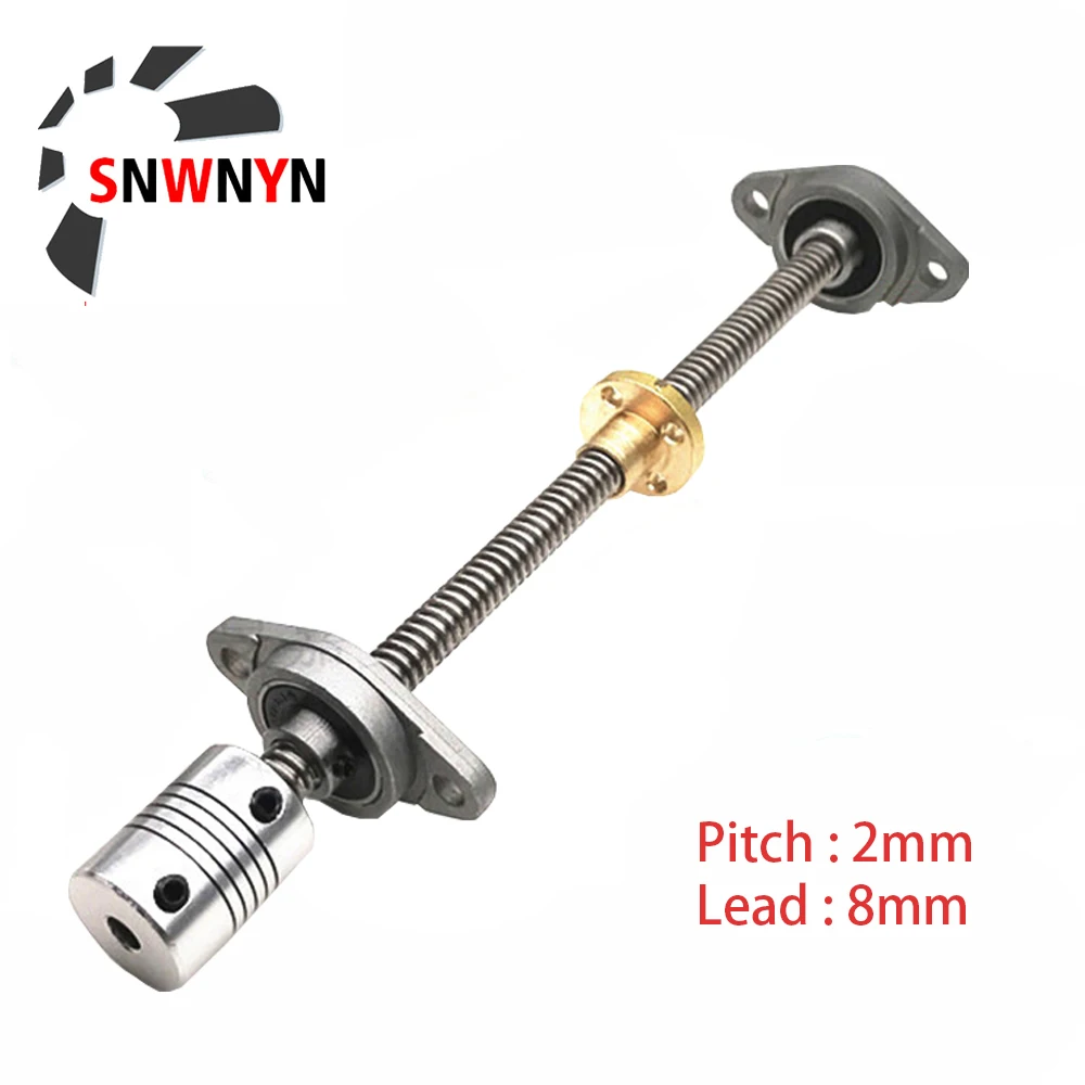 

T8 Lead Screw Set Lead 8mm Pitch 2mm 100/300/500/600mm+Brass Nut+Coupling D19L25 5*8mm+2Pcs KFL08 Support Block For 3D Printing