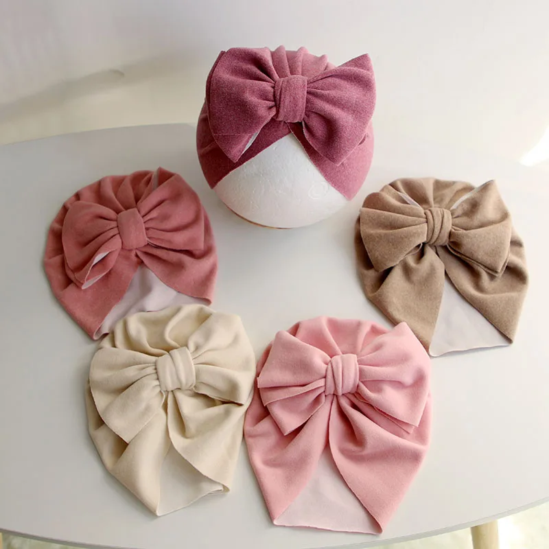 Cute Big Bow Baby Hat Solid Color Newborn Infant Indian Hat Soft Cotton Girls Turban Cap Beanie Head Wrap Kids Bonnet