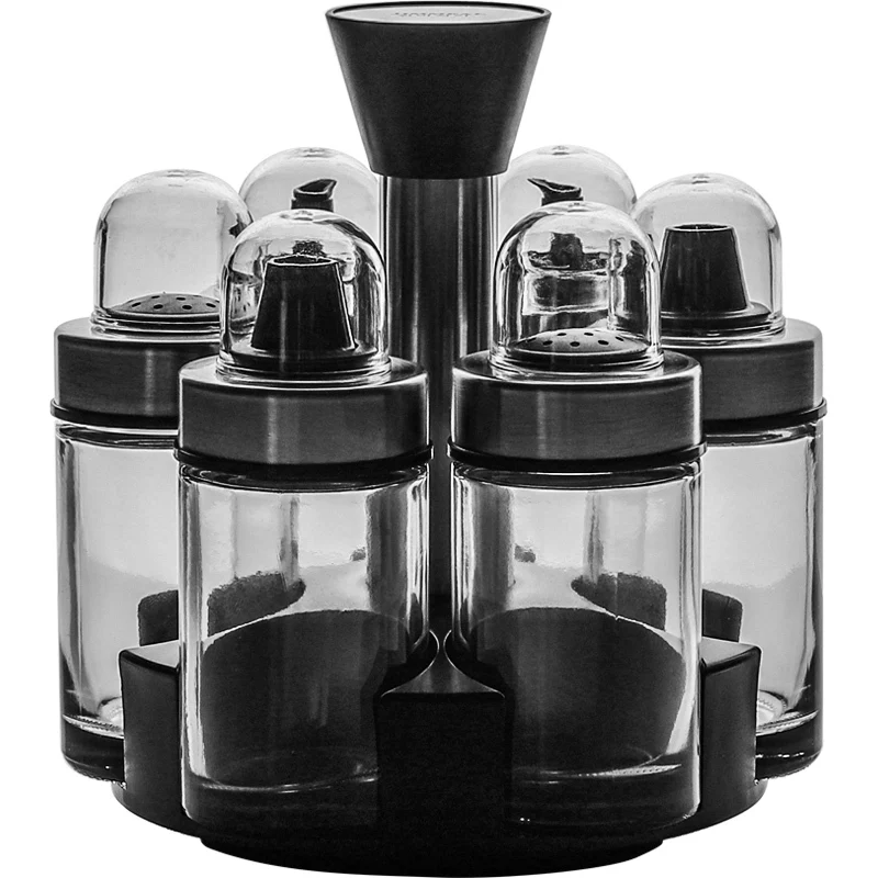 Rotatable 7 Pcs Glass Spice Jars Oil Bottle Set Kitchen Canister Set Salt And Pepper Shakers Household Seasoning Sugar Container