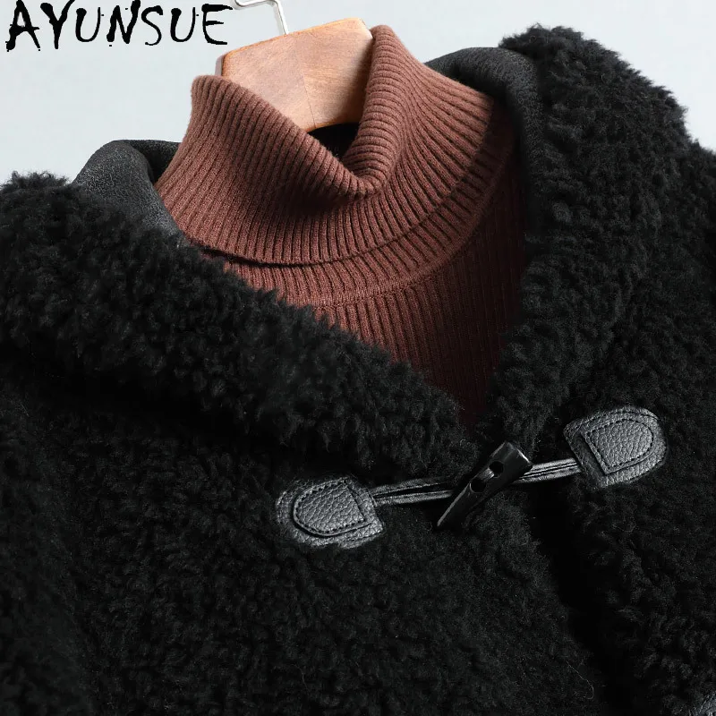 AYUNSUE cappotto in Shearling con cappuccio 100% vera pecora donna inverno 2021 cappotti di pelliccia da donna lunghi giacche di lana coreana Manteau Femme Gxy306