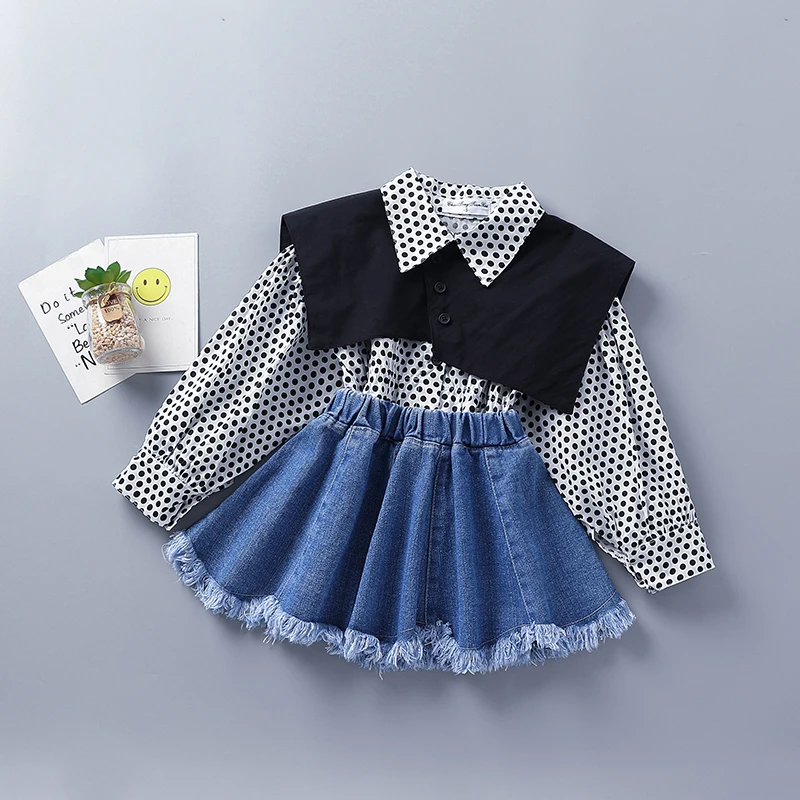 2-7 Years High Quality Spring Girl Clothing Set 2021 New Fashion Casual Dot Shirt + Skirt Kid Children Girls Clothing