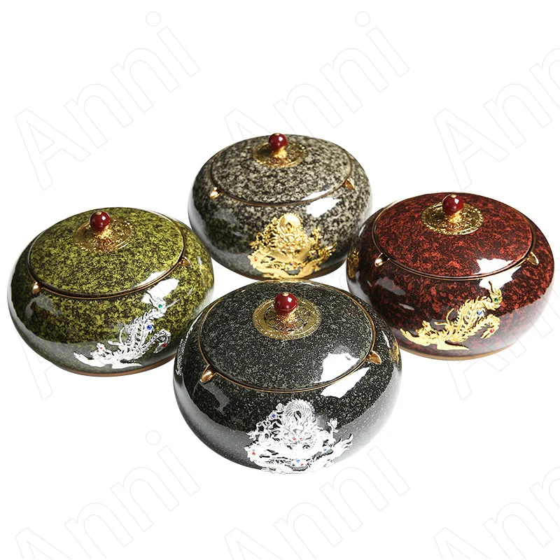 Kiln Change Vintage Tea Container Chinese Auspicious Animal Inlaid with Gold Silver Ceramic Sealed Tin Cans Portable Storage Jar