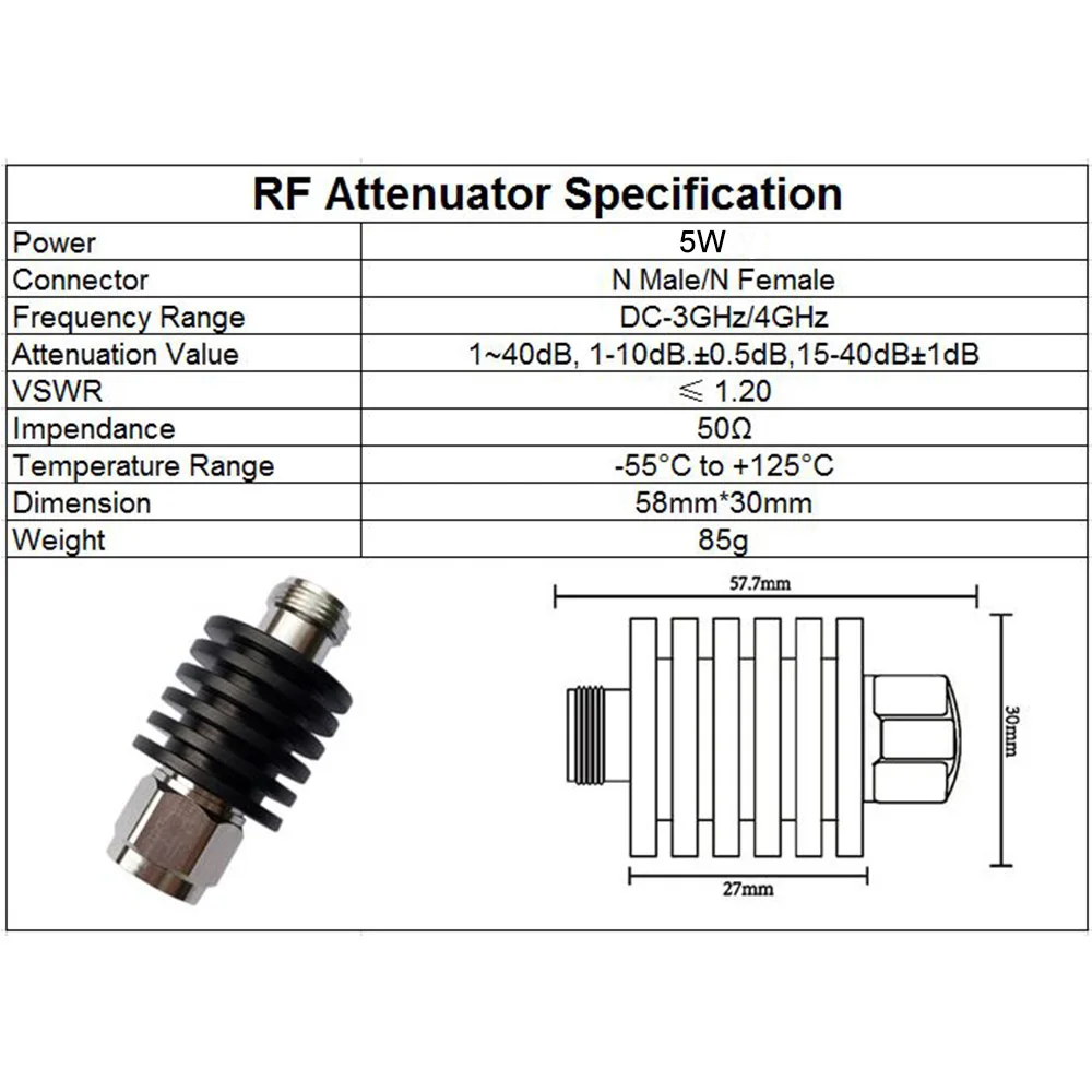 5W N Type Attenuator DC-3Ghz/4Ghz 1/2/3/5/6/10/15/20/30db/40db N Male to Female RF coaxial Power plug Male to jack Female 50ohm