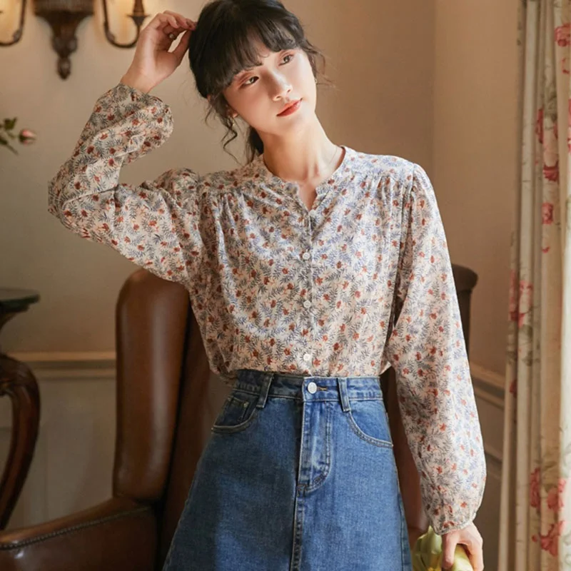 Long Sleeve Chiffon Blouse Women Floral Print Blouses Korean Fashion Single Breasted Loose Shirt