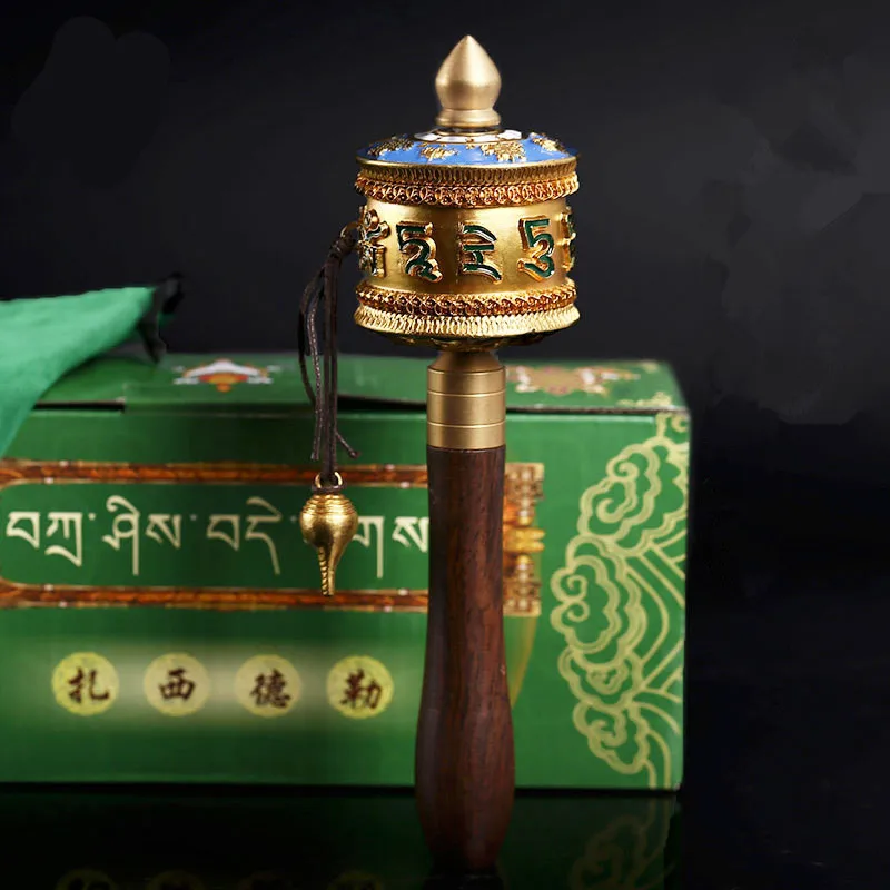 

18.5cm Pure Copper Buddhist Tranic Suppliers Smooth Quiet Green Tara Scripture Hand Cranking Prayer Wheel Crafts