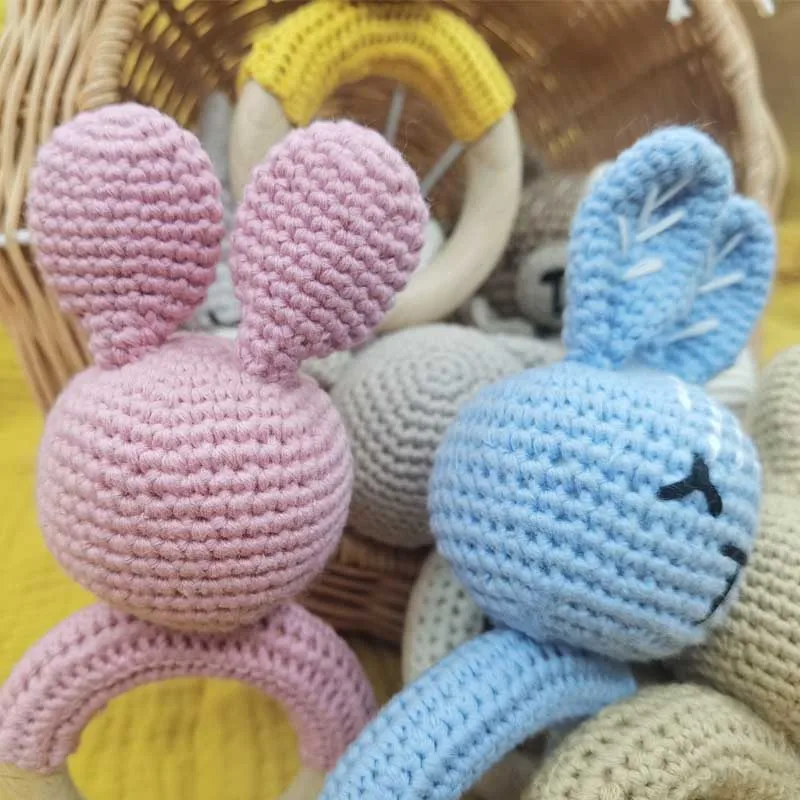 Baby Rattle Crochet Animal Rabbite Baby Teether Wooden Ring Handmade Toy BPA Free Wood Teething Bracelet Nurse Gift Baby Product