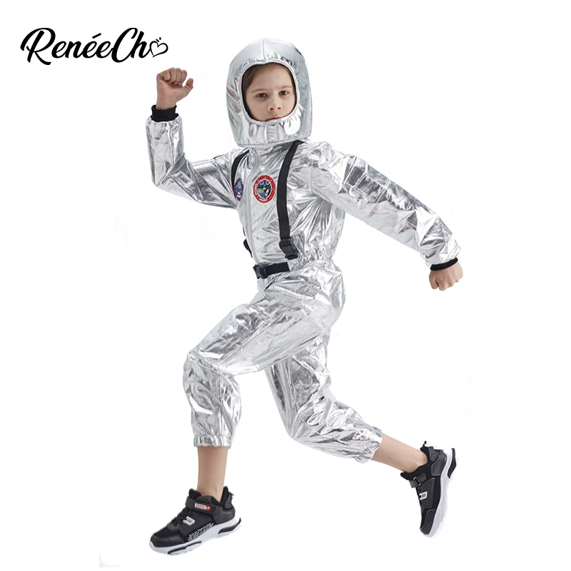 Reneecho Kids Astronaut Costume Sliver Boys Space Man Cosplay Jumpsuit And Hat 2 Piece Set Baby Halloween Costume For Kids