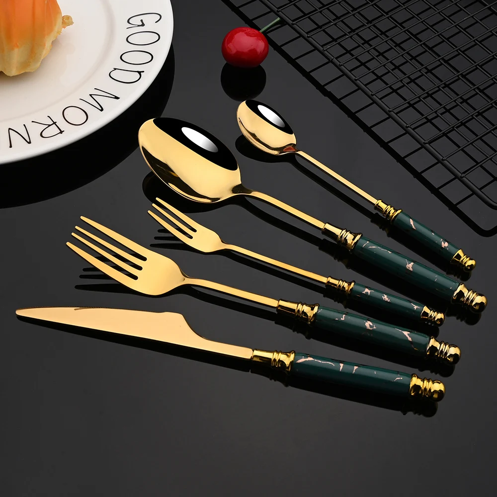 New Green Gold Ceramic Handle Dinnerware Cutlery Set Stainless Steel Tableware Western Knife Fork Spoon Flatware Silverware Set