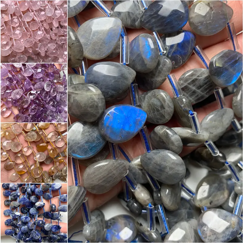 Natural Faceted Quartz Labradorite Agates Amazonite Stone Beads Water Drop Loose Spacer Beads For Jewelry Making DIY Bracelet