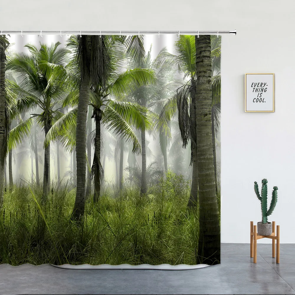 

Tropical Jungle Plants Shower Curtains Palm Trees Misty Natural Landscape Modern Decor Polyester Fabric Bath Curtain Sets Green