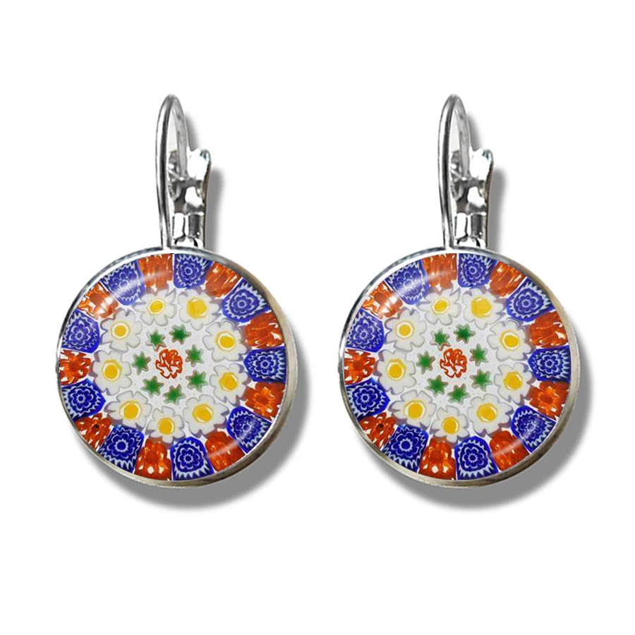 Murano Millefiori Earrings MultiColour Flower Glass Cabochon French Hook Earrings Jewelry For Women Girls Gift Wholesale