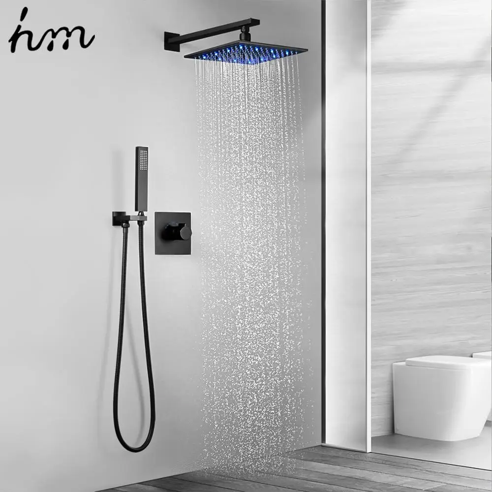 hm 10Inch LED Shower Set Square Rain Showe Head System Wall Mounted Cold And Hot Mixer Diverter Bathroom black shower Faucet Kit