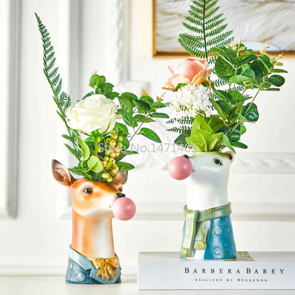 Nordic style cartoon animal head resin vase creative simulation flower vase personality fashion decor vase for home decoration