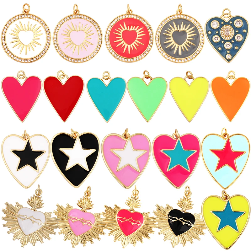 Colourful Enamel Heart Charm Neon Pink White Black Blue Pendant Oil Dropped , Real Gold Plated Colour for Necklace Bracelet K10