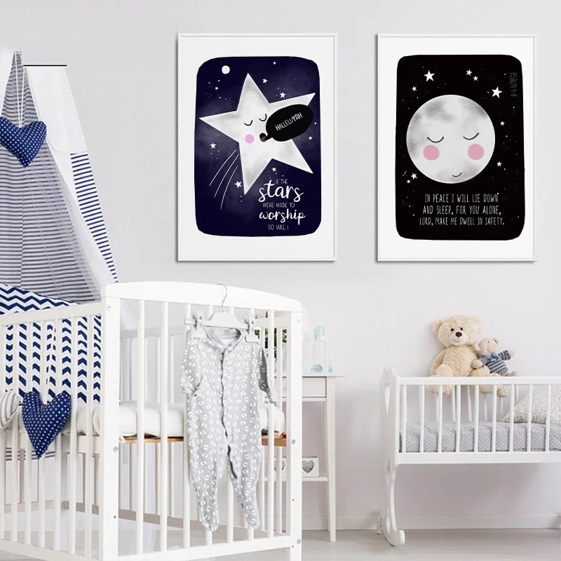 

Nordic Bible Verse Wall Art Nursery Moon and Stars Poster Print Canvas Painting Christian Quote Picture Kids Room Playroom Decor