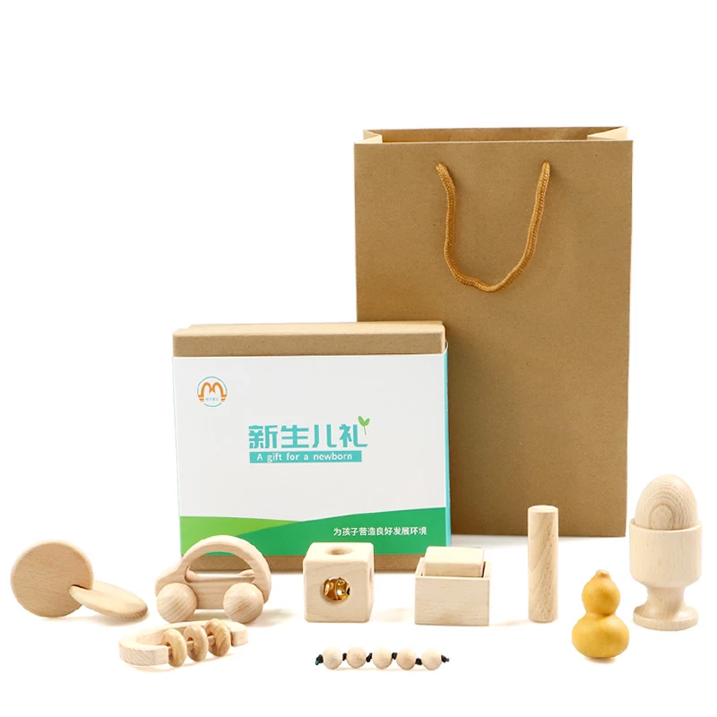 New Born Baby Gift Box Montessori Nido Toys Wooden Rattle Grasping Objects Sound Game Fingers Motor Skill Trainning Resources