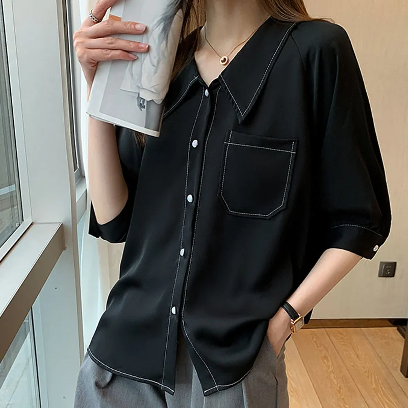 New Doll Collar Sweet Loose French Short Sleeve Chiffon Shirt Fashion Women Clothing Tops Mujer Blusa Blouses Solid Spliced 2710