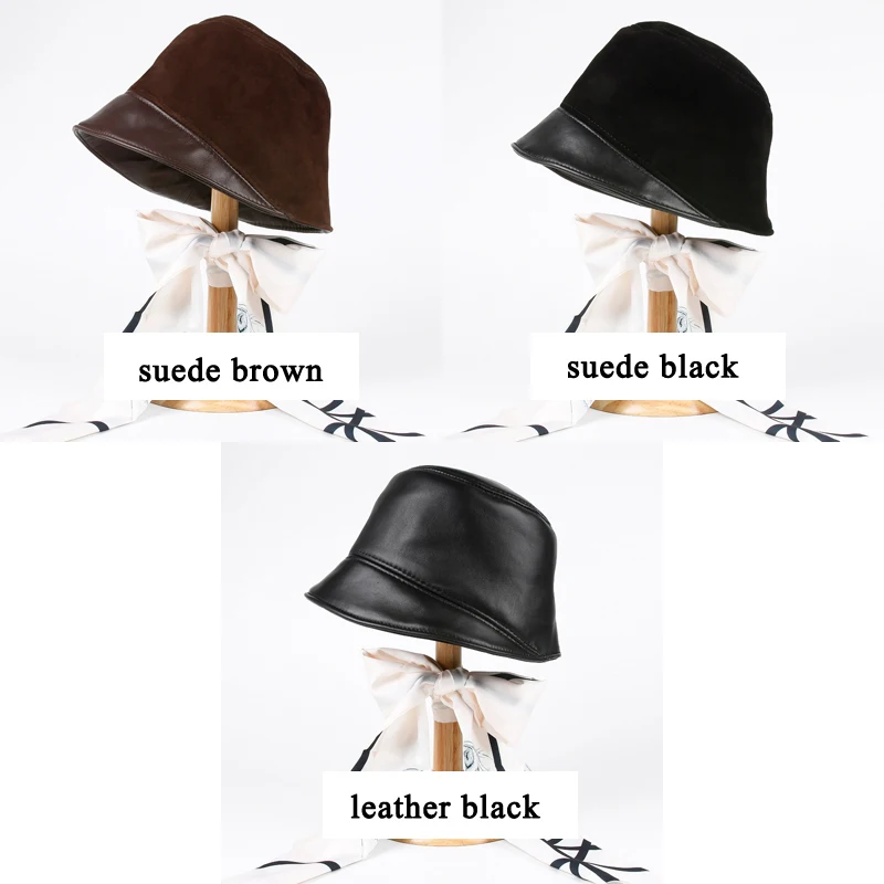 Japanese Harajuku Basin Hat Women Ladies Genuine Leather Suede Patchwork Fisherman Caps Fashion Winter Streetwear Chic Bonnet