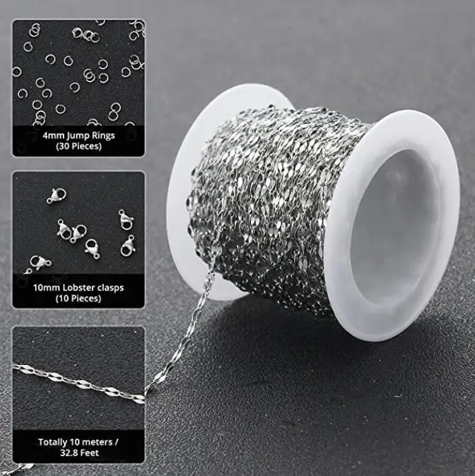 10 Meters Lot Stainless Steel Findings Chain  Lip Link Chains 2.5mm Chain Jump Rings Lobster Clasps Choker Cable