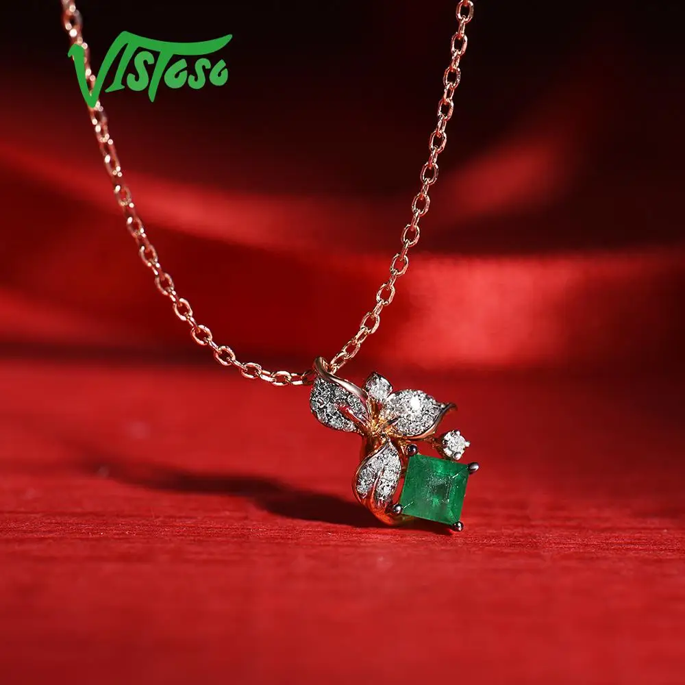 VISTOSO Gold Pendants For Women Authentic 14K 585 Rose Gold Leaves Magic Emerald Sparkling Diamond Pendant Elegant Fine Jewelry