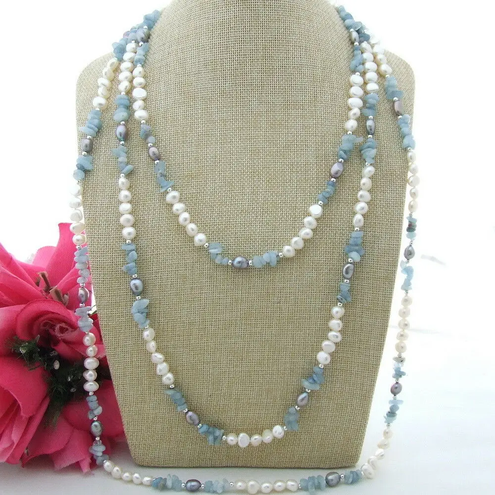 

fine jewelry Aquamarine White Baroque freshwater Pearl 100" Necklace