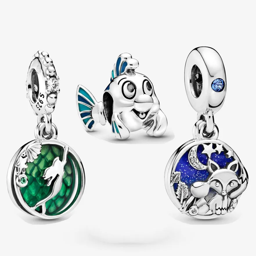 

wholesal 925 Sterling Silver The Little Mermaid Flounder Charm Fit Pandora Bracelet Fox Rabbit Dangle Charm DIY jewelry