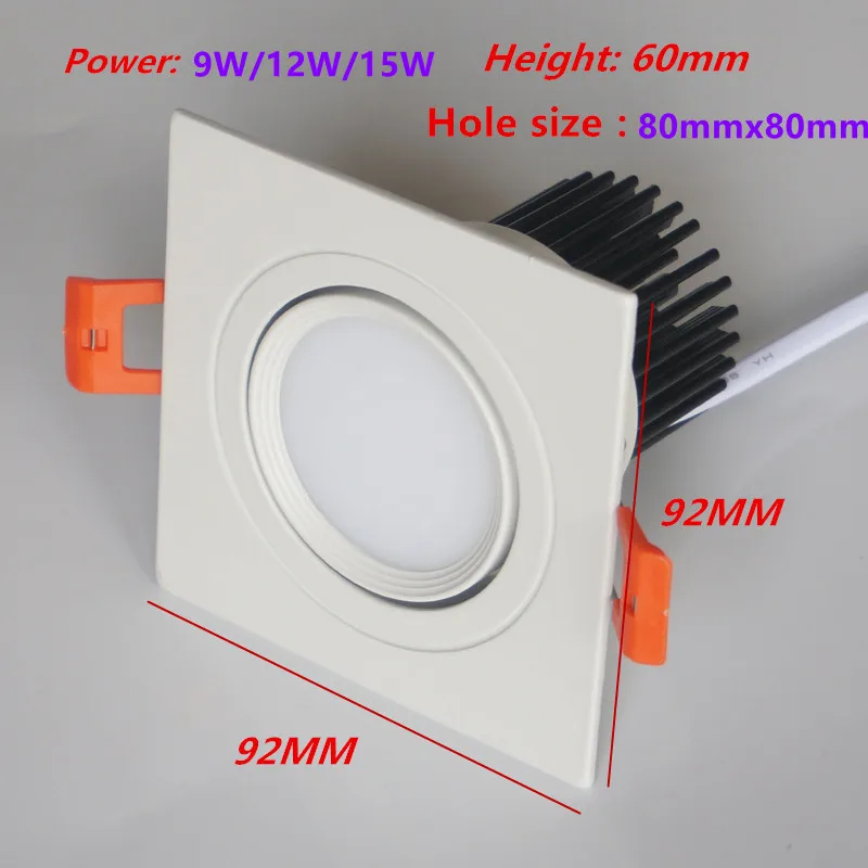 4 rodzaje kwadratowych ściemnialnych sufitowych wpuszczanych opraw LED typu Downlight Lampa sufitowa 9W 12W 15W AC90-260V COB Światła punktowe