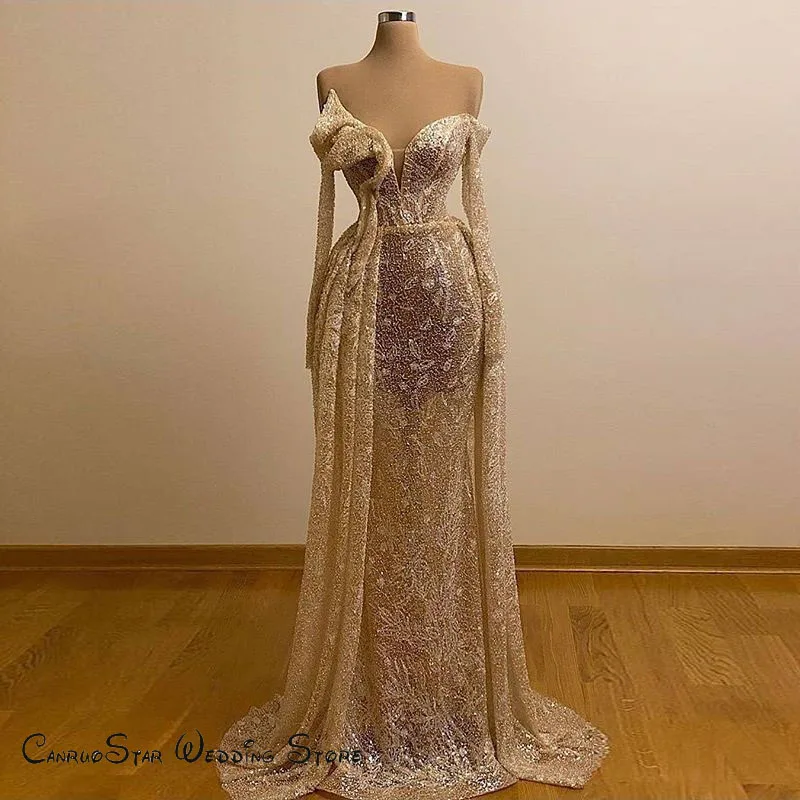 Off-the-Shoulder Champagne Sequins Long Sleeve Side Slit Mermaid Evening Gown JTE485 main image 1