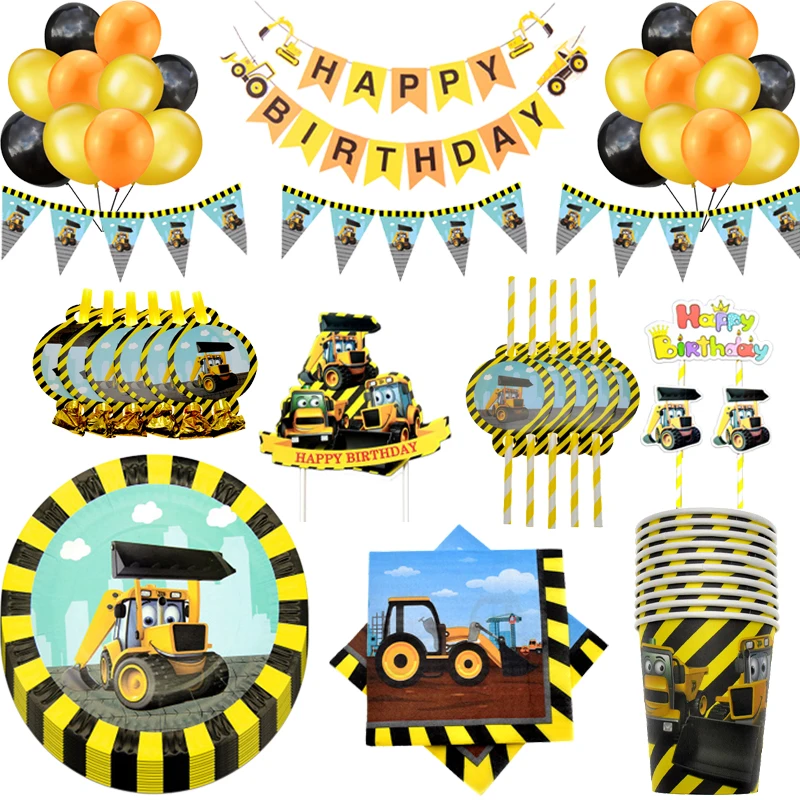 Cartoon Tractor Excavator Party Disposable Tableware Set Paper Plate Cup Straw Kids Birthday Party Baby Shower Decoration