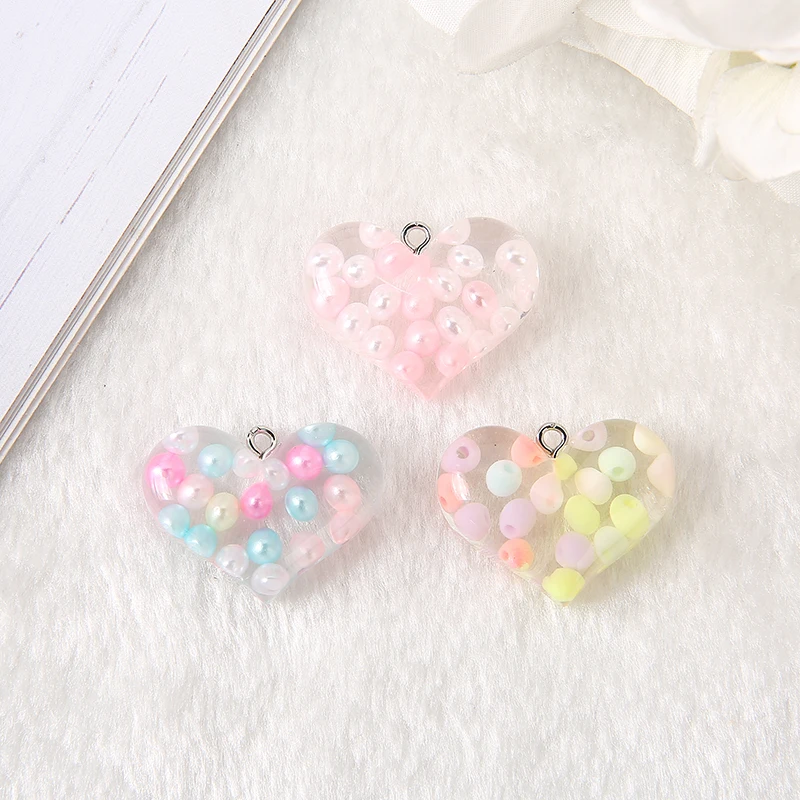 15pcs/lot 27mm*21mm Cuet Flatback Resin Heart with beads For Necklace Earring Keychain Pendant DIY Making Accessories