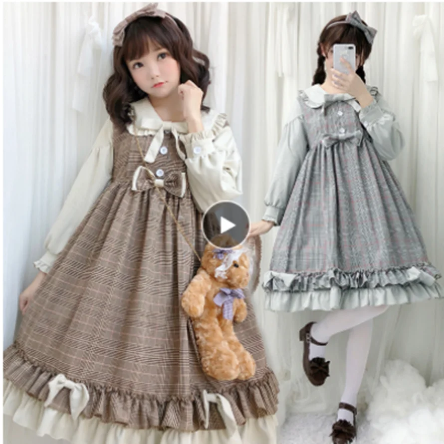 kawaii girl gothic lolita op loli Japanese sweet lolita dress retro peter pan collar bowknot high waist lattice victorian dress