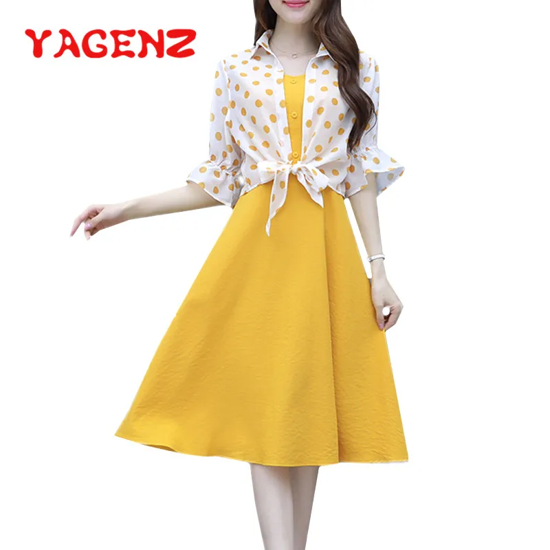 

YAGENZ Summer Dress Two Piece Set Women Dot Thin Sunscreen Clothing Trumpet sleeve Tops And Shoulder Strap Dress 2 Piece Set 730