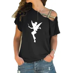 New Women Tinkerbell Fairy Silhouette Cartoon Fairy T shirt Femme Tinkerbell Printed Cute Irregular Skew Cross Bandage Tops