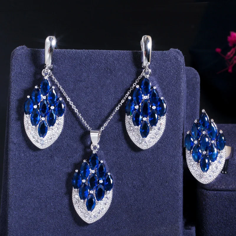 CWWZircons Künstlerischer Vintage Zirkonia Schmuck Bunter CZ Großer Tropfen Ring Anhänger Halskette Ohrring Set für Damen Großhandel T0009 – Detail 6